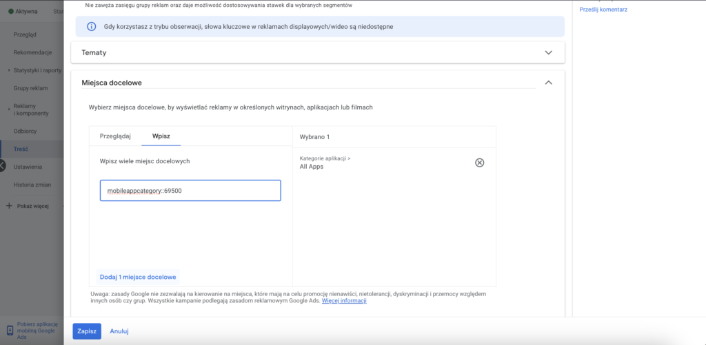 wykluczenie aplikacji mobilych google ads